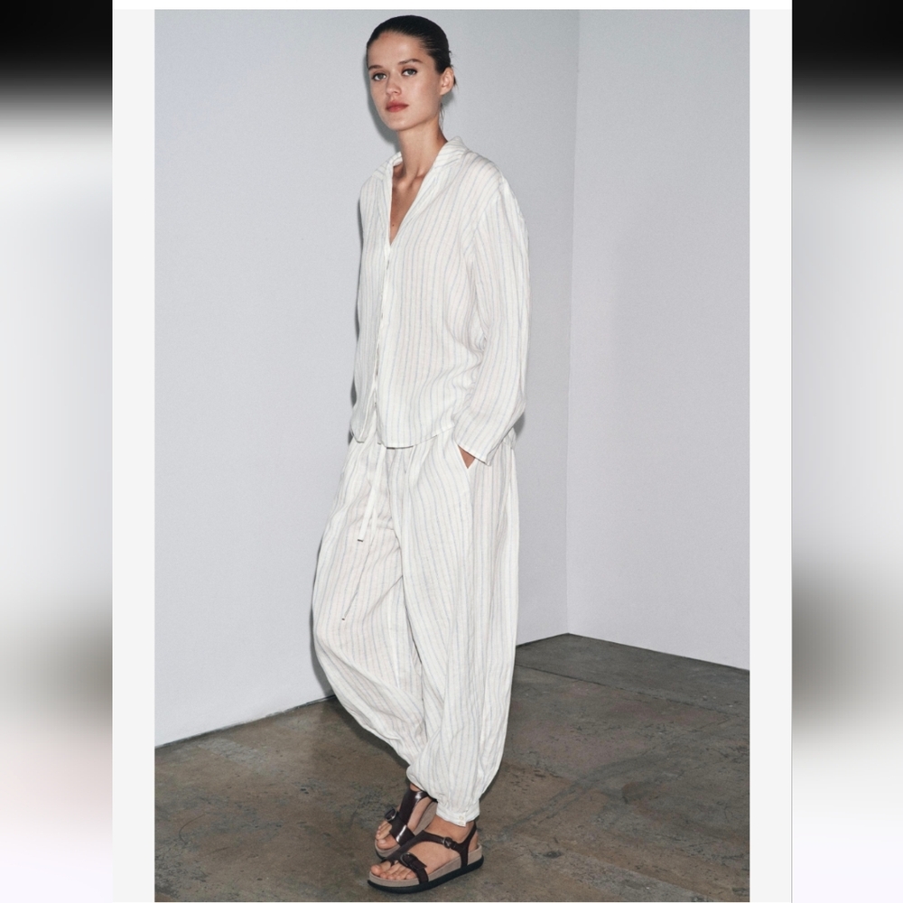 Zara Striped Balloon Pants Linen Fabric Size M-L
